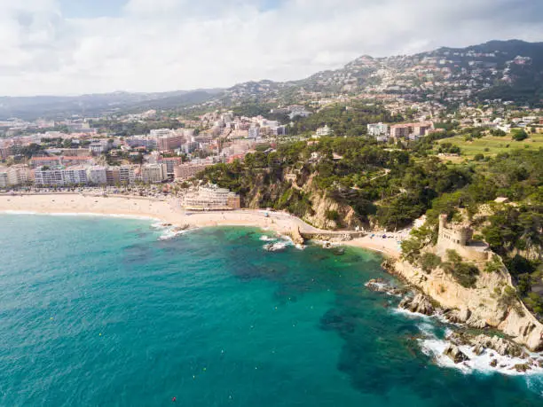 Picturesque aerial view of Mediterranean coastal town of Lloret de Mar in Catalonia, Spain