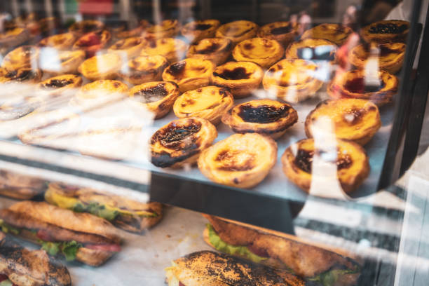 portuguese pastries behind glass