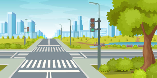 ilustraciones, imágenes clip art, dibujos animados e iconos de stock de carretera de la ciudad con semáforos encrucio. ilustración vectorial de la carretera de la ciudad - scenics highway road backgrounds