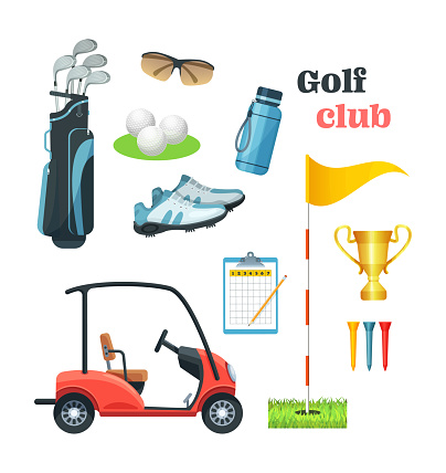 Golf equipment set logo icons sports gear for game. Accessories for golfing, sport game golf bags, putter, ball, hole, course, cup, car. Icons for golf club, championship, design flat vector