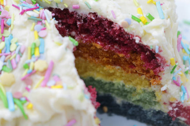 istock Cross section image of home-made rainbow layer sponge birthday cake covered with white butter cream textured icing and confetti sugar paste sprinkles in multi-coloured pastel shades 1172278206
