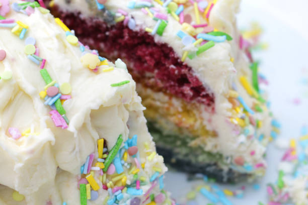 istock Cross section image of home-made rainbow layer sponge birthday cake covered with white butter cream textured icing and confetti sugar paste sprinkles in multi-coloured pastel shades 1172278242
