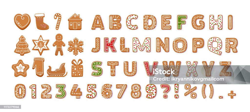 Gingerbread holidays cookies font alphabet vector cartoon illustration Gingerbread holidays cookies font alphabet, Christmas or New Year winter food. Figures decorated glazed sugar, arabic number and sign. Cookies gift box, heart, house, mitten, tree vector illustration Christmas stock vector