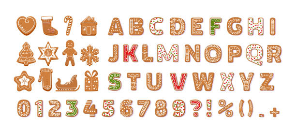 Gingerbread holidays cookies font alphabet vector cartoon illustration Gingerbread holidays cookies font alphabet, Christmas or New Year winter food. Figures decorated glazed sugar, arabic number and sign. Cookies gift box, heart, house, mitten, tree vector illustration gingerbread biscuit stock illustrations