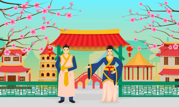 счастливый китайский вектор поздравительной открытки нового года - silhouette back lit built structure shrine stock illustrations