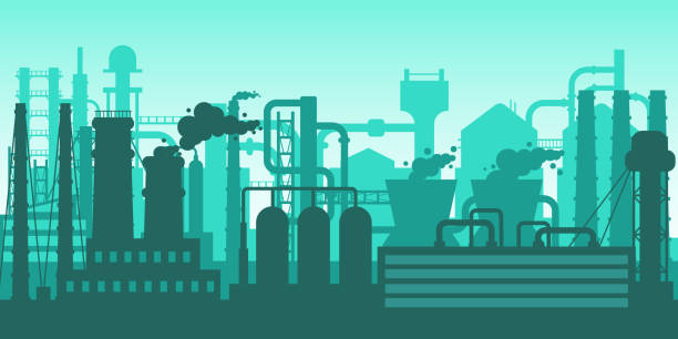 Industrial plant, factory silhouette, exterior enterprise scene, gas, helium plants. Industrial plant manufacturing, factory silhouette exterior, industrial industry concept. Gas, helium plants with pipe system and silhouettes of buildings, manufacturing process vector illustration engineer silhouettes stock illustrations