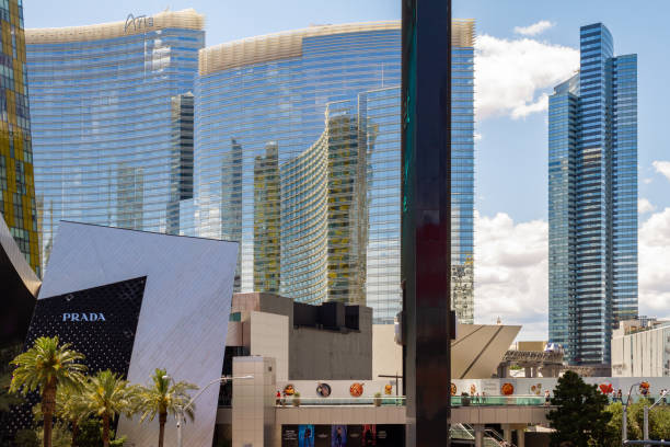 Las Vegas, Nevada / USA – May 11, 2019: The modern Las Vegas skyline with the Aria and Cosmopolitan resorts located on the Las Vegas Strip in Nevada.