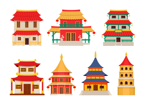 традиционные китайские здания, азиатский вектор чайнатауна архитектуры - silhouette back lit built structure shrine stock illustrations