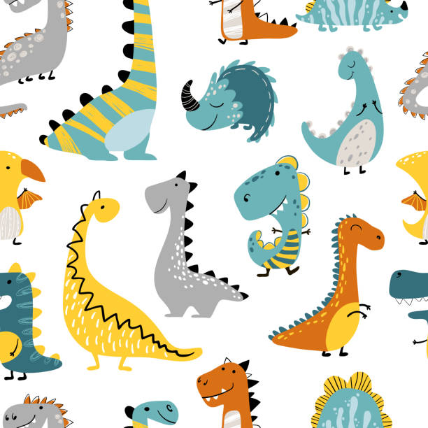 дино шаблон скандинавский - dinosaur animal cartoon blue stock illustrations