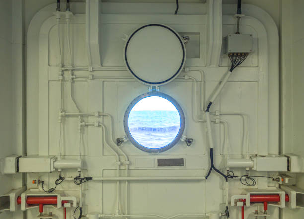 Close up view of porthole on a cruise ship with sea view