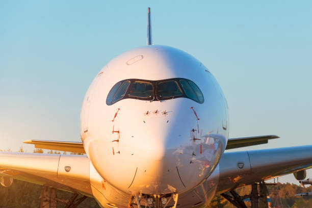 istock Airplane view from the front cockpit windshield fuselage at sunset light at the airport. 1172283311