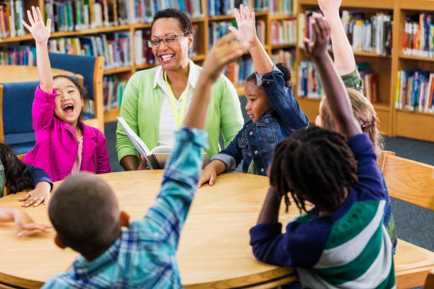 istock Teacher reading to children in library, hands raised 1172283615