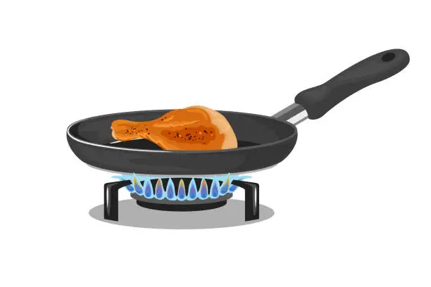 Vector illustration of Roasted chicken legs. Frying pan on gas stove isolated on white background. Vector illustration of fried meat in cartoon simple flat style.