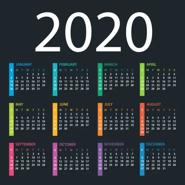 Vector illustration of Calendar Template 2020 on Dark Background. Days start from Sunday