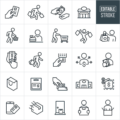 A set of shopping icons that include editable strokes or outlines using the EPS vector file. The icons include people shopping, a shopper carrying shopping bags, a person using a credit card to pay, a person paying with cash, a shop, a person carrying a shopping basket, a person pushing a shopping cart, a cashier, a person shopping using a smartphone, a shopping bag, gift card, store, coupon, package, delivery and unboxing to name just a few.