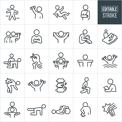 A set of physical therapy icons that include editable strokes or outlines using the EPS vector file. The icons include physical therapists, patients, the human body, lifting weights, rehabilitation, fall, injury, broken arm, personal trainer, exercises, recuperation, injured knee, hospital bed, broken hip, resistance bands, pool exercises, back injury, lunges, assessment and other physical therapy related icons.