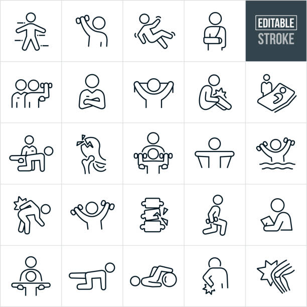 Physical Therapy Thin Line Icons - Editable Stroke A set of physical therapy icons that include editable strokes or outlines using the EPS vector file. The icons include physical therapists, patients, the human body, lifting weights, rehabilitation, fall, injury, broken arm, personal trainer, exercises, recuperation, injured knee, hospital bed, broken hip, resistance bands, pool exercises, back injury, lunges, assessment and other physical therapy related icons. checking sports stock illustrations