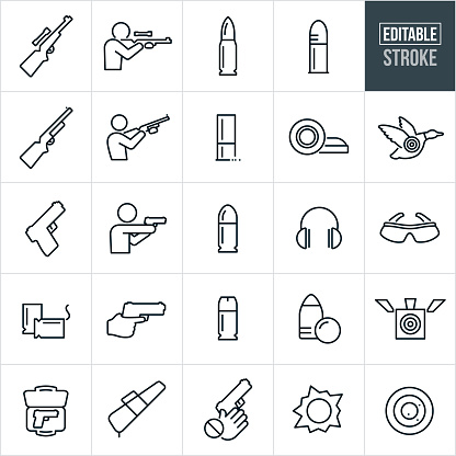 A set of guns and bullets icons that include editable strokes or outlines using the EPS vector file. The icons include a rifle, shotgun, hand gun, different types of ammunition. They also include a person shooting a rifle, shotgun and hand gun. The icons also include a target, clay pigeons, ear and eye protection, gun cases and a child safety icon.