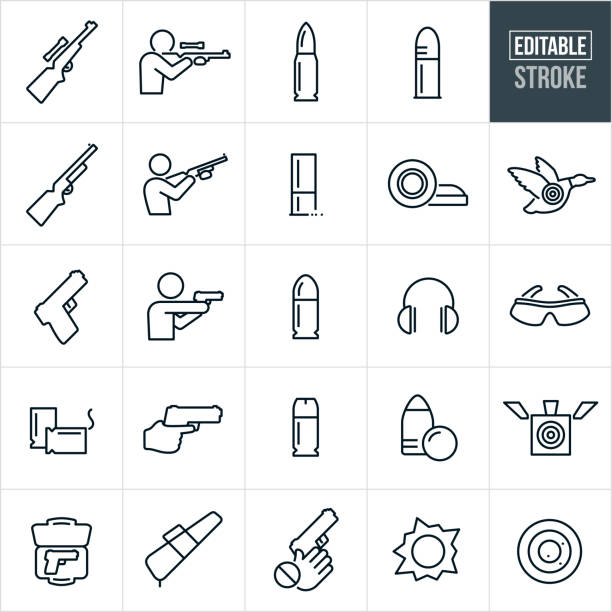Guns And Bullets Thin Line Icons - Editable Stroke A set of guns and bullets icons that include editable strokes or outlines using the EPS vector file. The icons include a rifle, shotgun, hand gun, different types of ammunition. They also include a person shooting a rifle, shotgun and hand gun. The icons also include a target, clay pigeons, ear and eye protection, gun cases and a child safety icon. bang icon stock illustrations