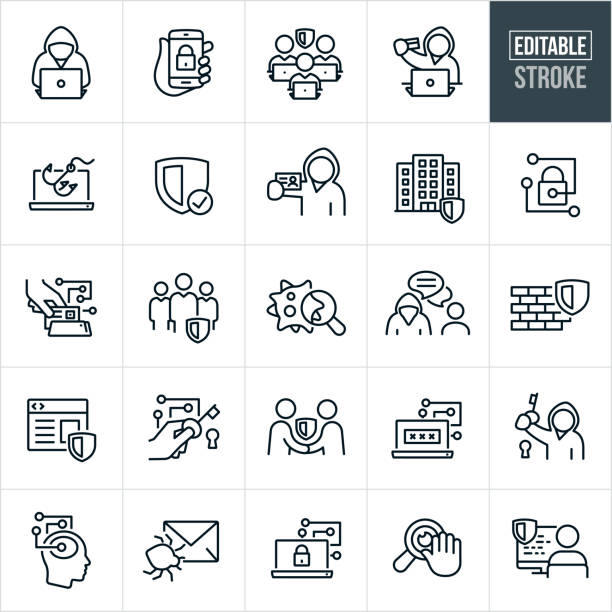 Cyber Security Thin Line Icons -Editable Stroke A set of Cyber Security icons that include editable strokes or outlines using the EPS vector file. The icons include cyber criminals, cyber security experts, a cybercriminal online, a cybercriminal using a stolen credit card, a security shield, a secure smartphone, identity theft, a secure building, a paddle-lock, secure transaction, virus, firewall, secure website, email virus, internet privacy and other cyber security related icons. hacker laptop stock illustrations