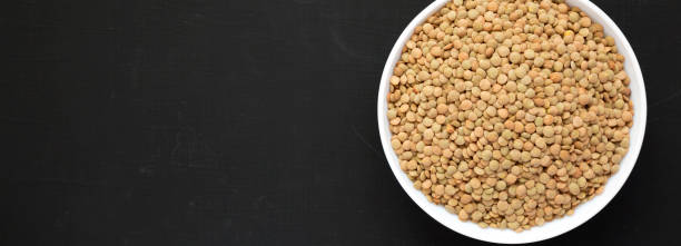 istock Organic green lentils in a white bowl on a black surface, overhead view. Flat lay, top view, from above. Copy space. 1172291298