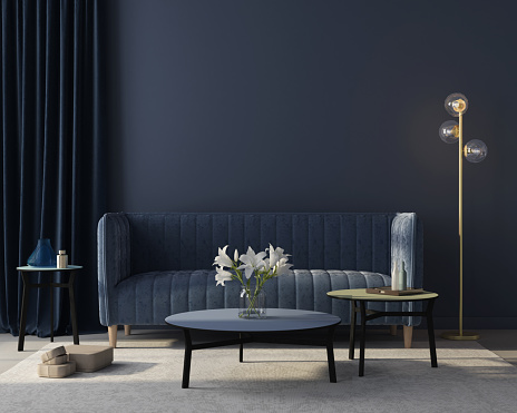 Modern interior of the living room in monochrome blue with  a stylish velvet sofa, a beige carpet, a golden floor lamp / 3D illustration, 3d render