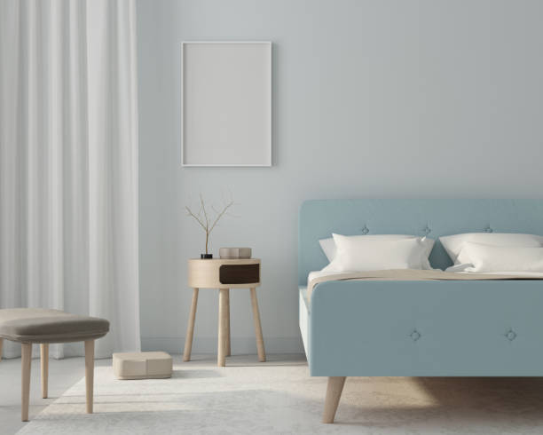 макет интерьера спальни в светло-голубом цвете с плакатом. 3d рендер - showcase interior inside of domestic room indoors стоковые фото и изображения