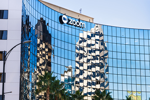 September 3, 2019 San Jose / CA / USA - Zoom corporate headquarters in Silicon Valley; Zoom Video Communications is a company that provides remote conferencing services using cloud computing