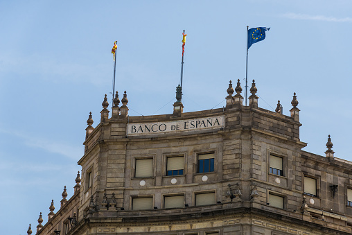 Bank of Spain building on the background of blue sky