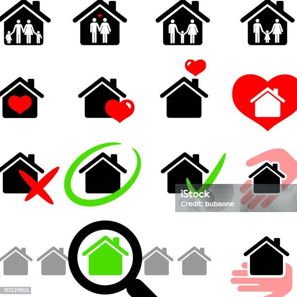 New Home Семейной Жизни Черный И Белый Векторный Икона Set — стоковая векторная графика и другие изображения на тему Символ сердца