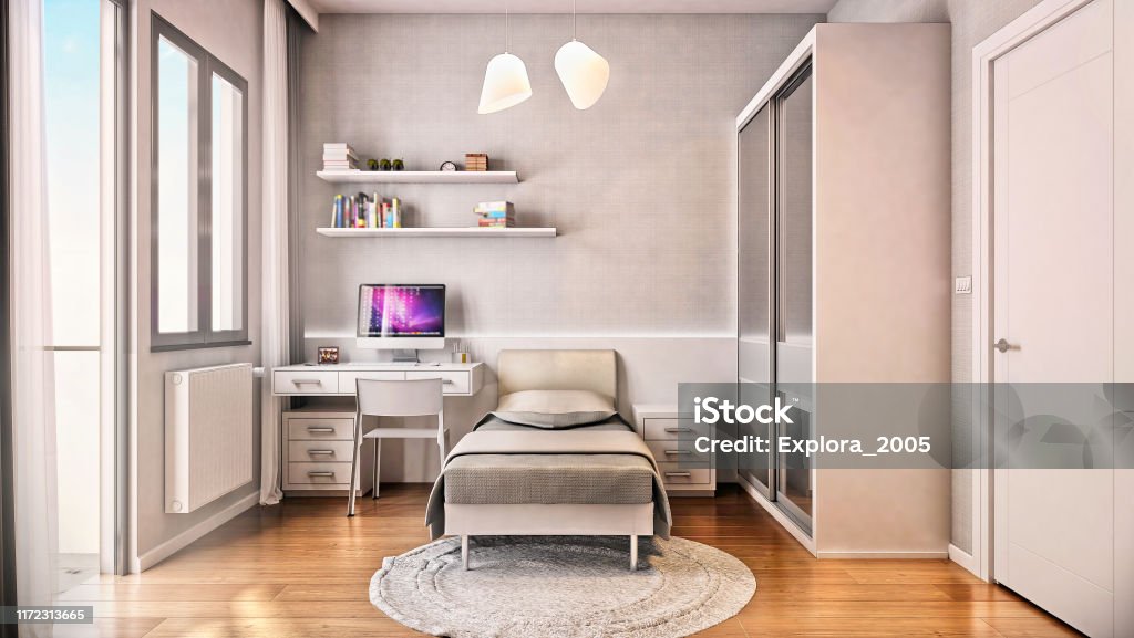3d render of study and single bedroom Bedroom Stock Photo