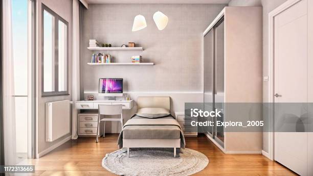3d Render Of Study And Single Bedroom Stock Photo - Download Image Now - Bedroom, Studying, Decoration