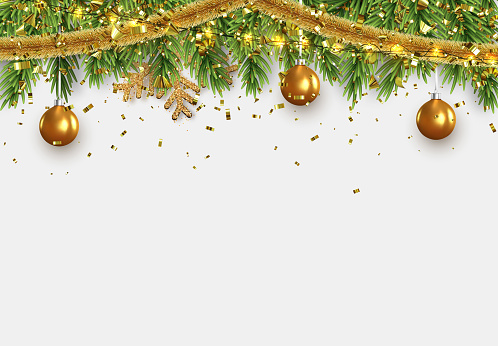 Christmas border with fir branches, string lights garland and gold tinsel, golden balls. Xmas holiday vector illustration.