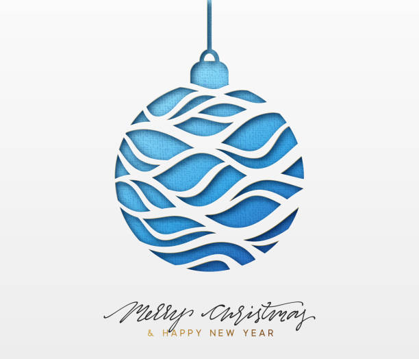 ilustraciones, imágenes clip art, dibujos animados e iconos de stock de corte de papel de bola de navidad. fondo de navidad, diseño bola azul de navidad de papel de textura. papel en relieve bauble - tarjetas de navidad para imprimir