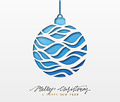 Christmas ball paper cut. Christmas background, design Xmas blue ball of texture paper. embossed paper bauble