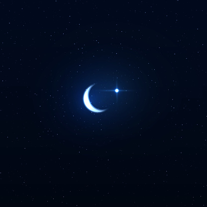 Night background with crescent moon on starry background.