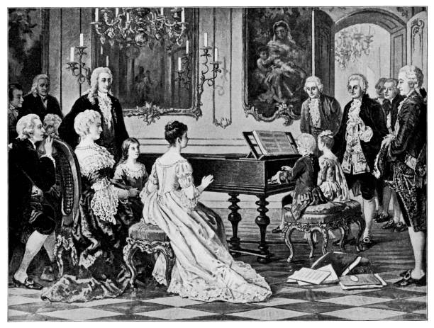 ilustrações de stock, clip art, desenhos animados e ícones de mozart and his sister perform for empress maria theresa by august borckmann - 19th century - century 19th family women