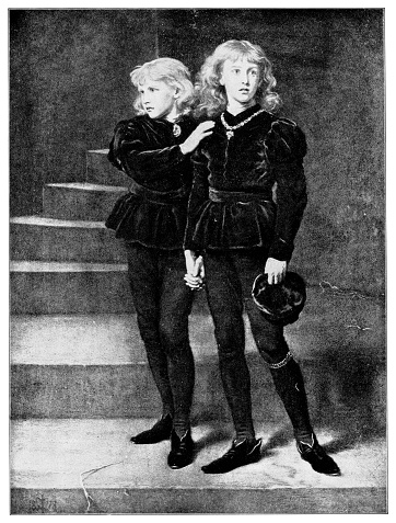Two Princes Edward and Richard in the Tower by John Everett Millais (circa 19th century). Vintage etching circa late 19th century.