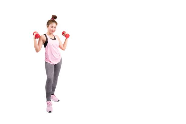 Woman holding dumbell on white background