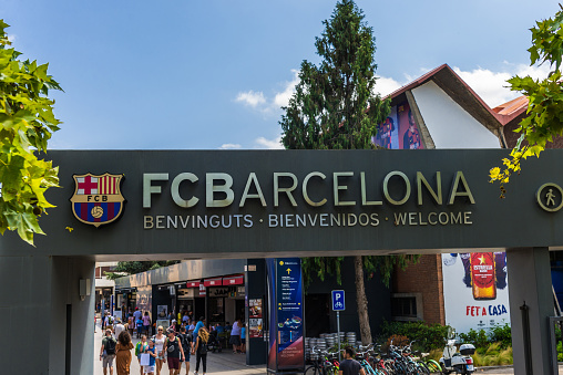 Barcelona, Spain - July 31, 2019: Sign near the Camp Nou football soccer stadium