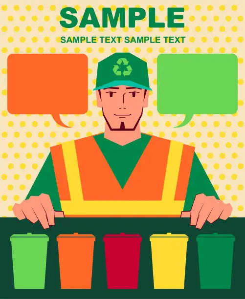 Vector illustration of Smiling handsome sanitation worker in reflective vest holding an instruction (recycling bin sign)