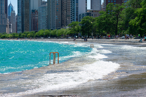 High water levels on Lake Michigan flooding the Lakefront Trail in Chicago during the summer