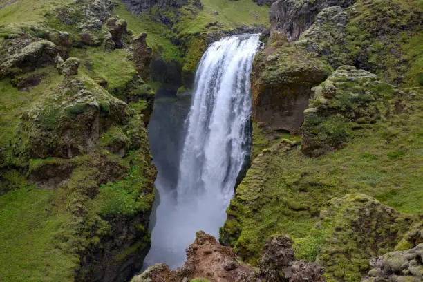 Waterfalls in the fog on the Skoda river. Iceland