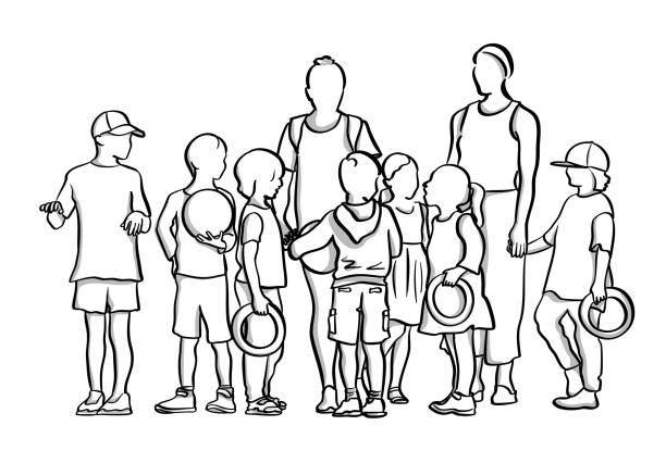 Group Daycare Kids Children at recess with two women supervisors field trip clip art stock illustrations