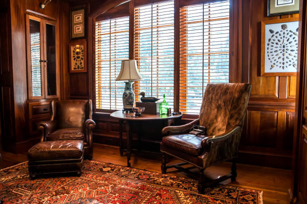 istock Dark stained wood stained office with warm rust desert colors 1172351161