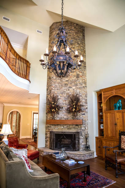 istock Stylish and rustic cabin lodge living room den area 1172354761