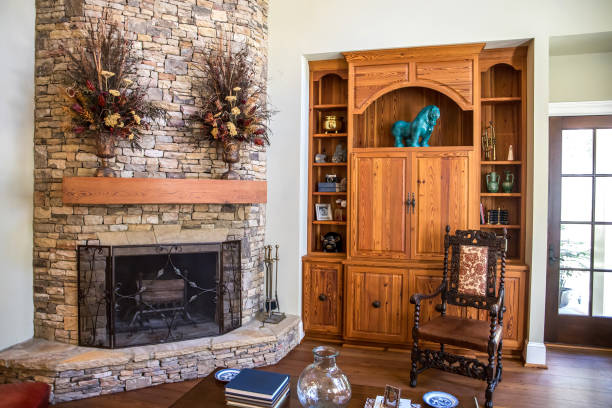 istock Stylish and rustic cabin lodge living room den area 1172356565