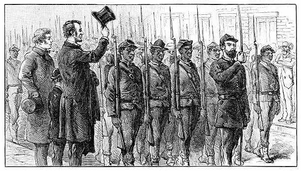 Abraham Lincoln and Charles Sumner Salute Union Troops President Abraham Lincoln, with young son Tad and Senator Charles Sumner, salutes a detachment of African-American Union troops in Richmond, Virginia at the end of the American Civil War. Published in 1883, the illustration is now in the public domain. Digital restoration by Steven Wynn Photography. civil war stock illustrations