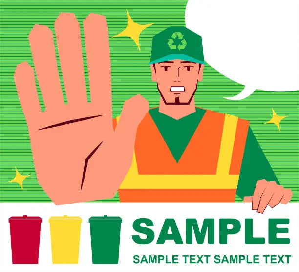 Vector illustration of Handsome sanitation worker in reflective vest holding an instruction (recycling bin sign) and showing stop gesture with big palm of hand