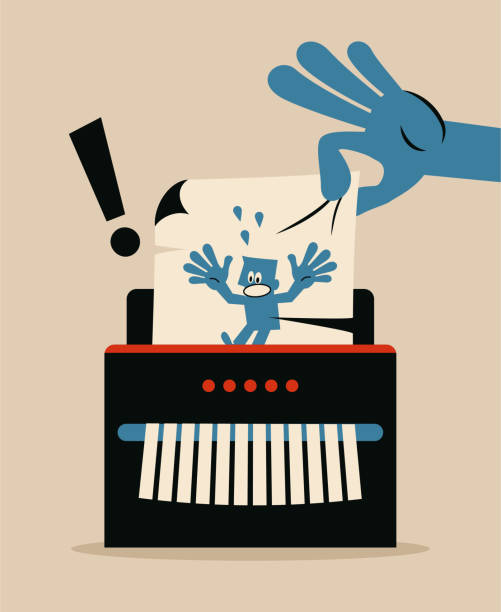 Big hand inserts the paper with man into the paper shredder, or pulling the paper out of the shredder Blue Little Guy Characters Full Length Vector Art Illustration.
Big hand inserts the paper with man into the paper shredder, or pulling the paper out of the shredder. funny contract stock illustrations